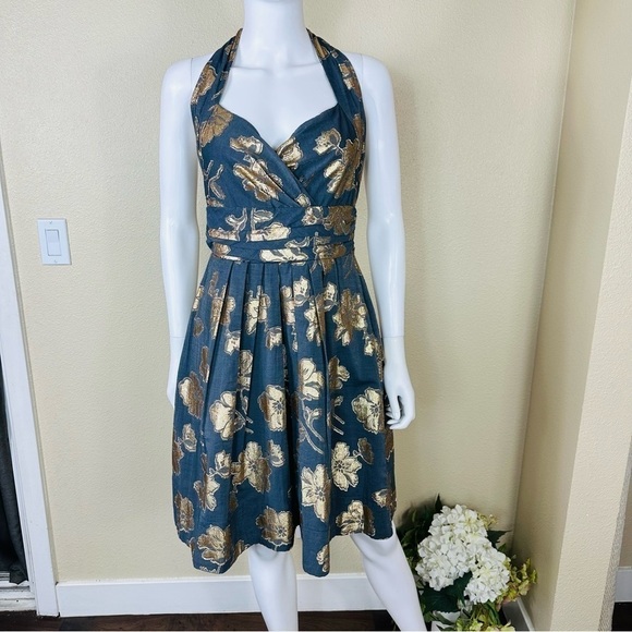 Rubber Ducky Production Dress Sz M Halter Floral Metallic - Picture 3 of 13
